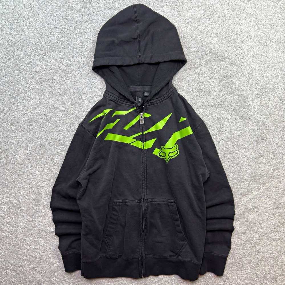 Fox Racing Full Zip Hoodie Mens M Charcoal Gray Neon Green Logo Motocross